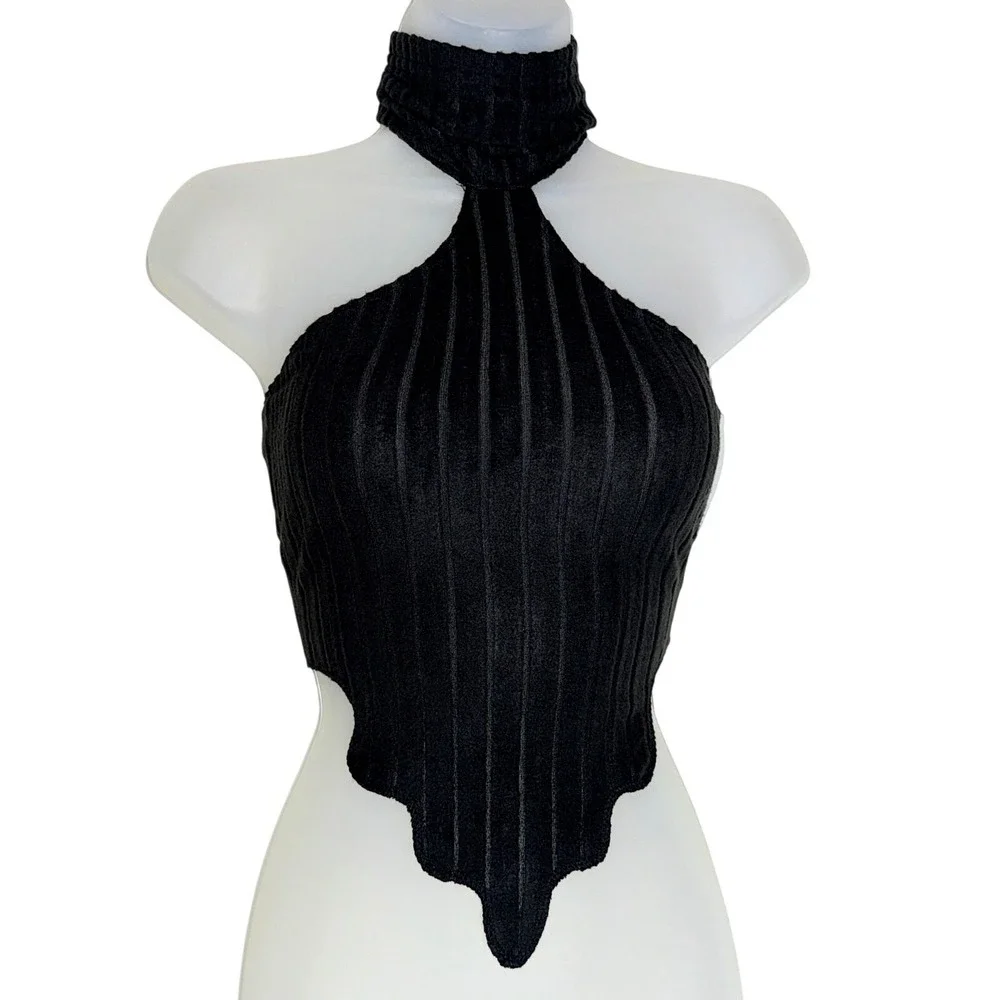 New Medium Black High Neck Sleeveless Turtleneck Ribbed Drip Hem Crop Triangle - Picture 4 of 5